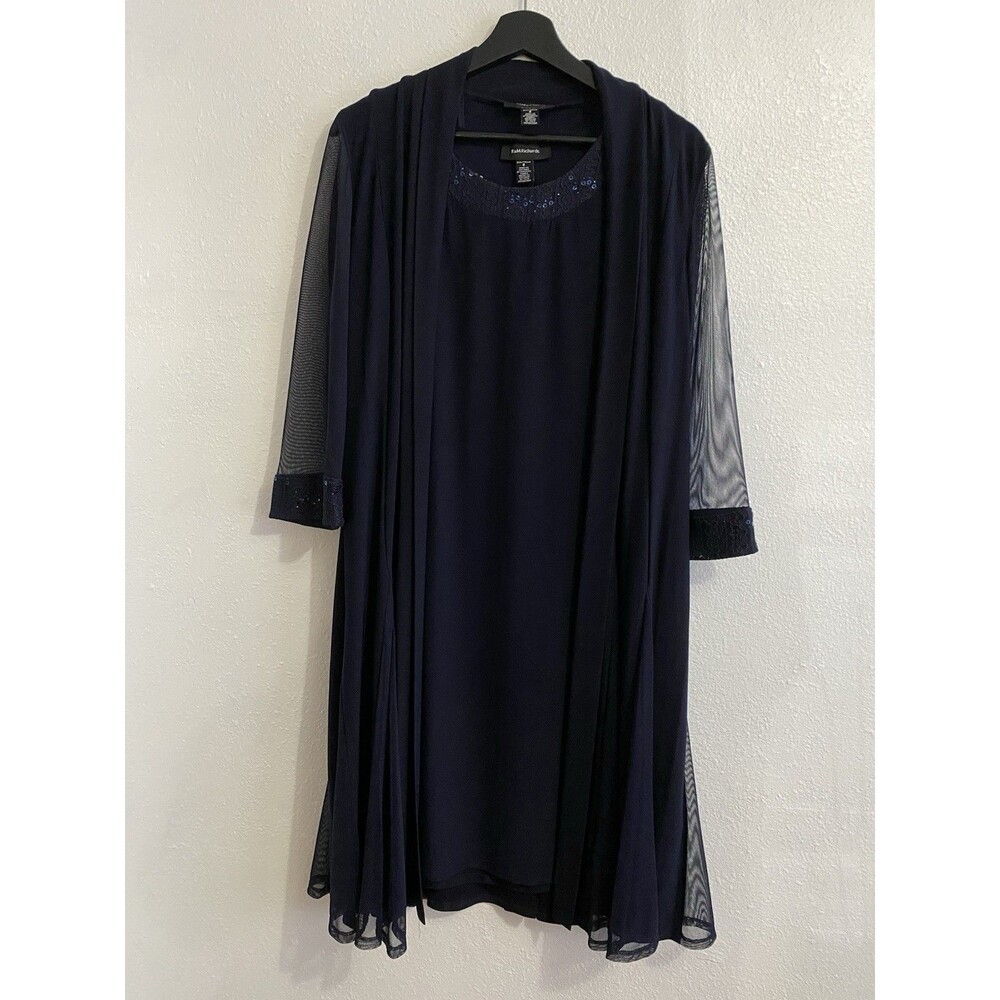 R&M Richards 8 Navy Blue Chiffon 2 Pc Formal Jacket Cocktail Dress Sequins D26